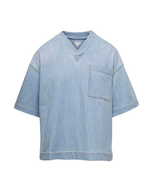 T-Shirt Con Scollo A V di Bottega Veneta in Blue