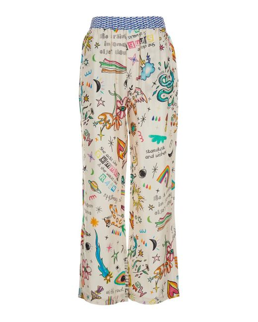 ME 369 White 'Bailey' Pants With Elastic Waist And All-Over Print
