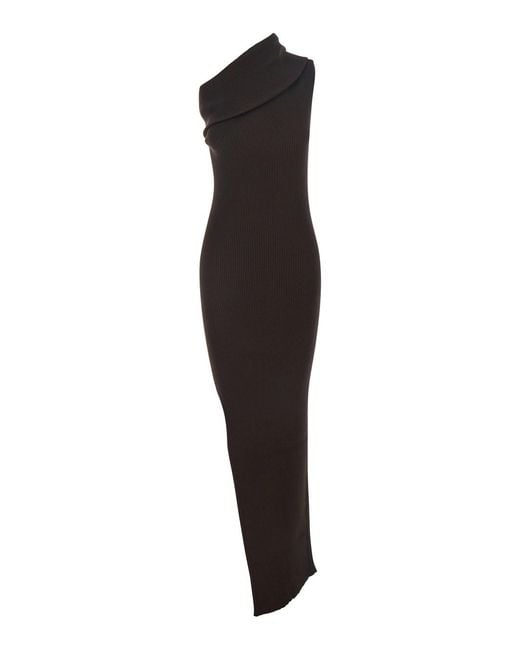 Rick Owens Black 'Athena' Ribbed Knit Sleeveless Asymmetric Long Dress With Wide Neckline