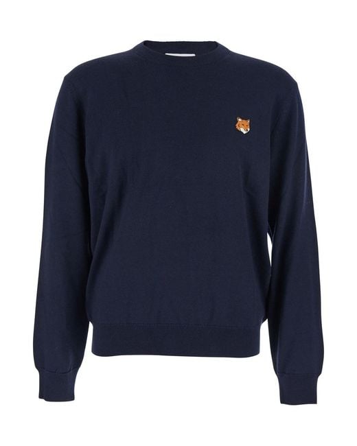 Maison Kitsuné Blue Crew Neck Sweater With Fox Patch for men