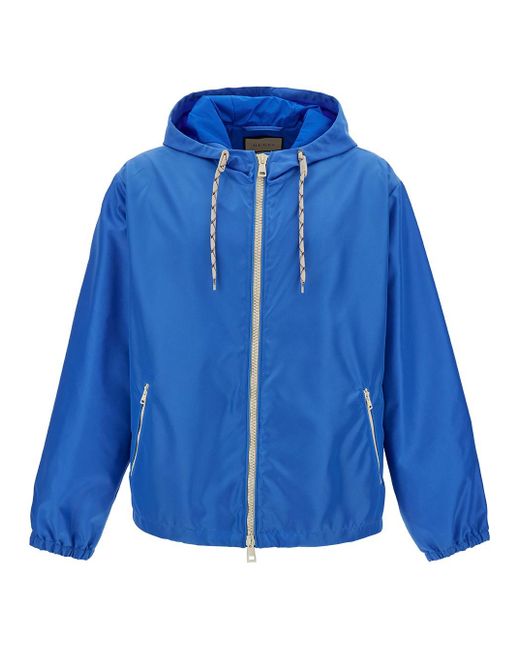 Gucci Blue Hooded Jacket With Web Logo Detail for men