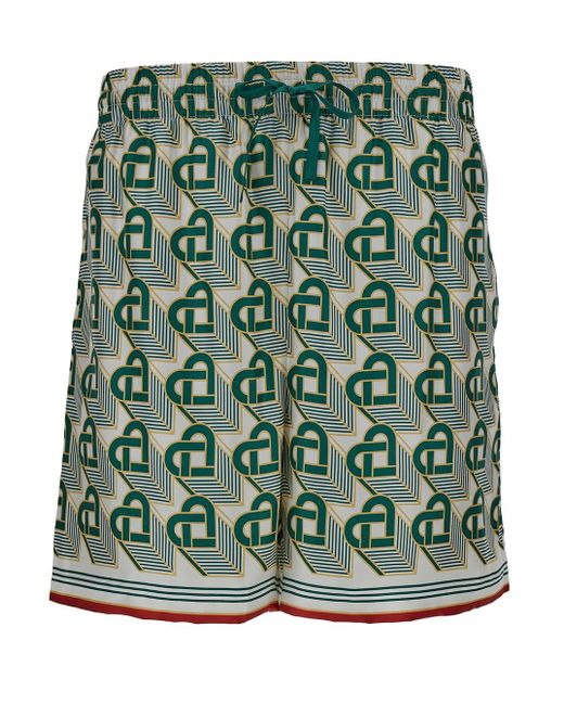 CASABLANCA Green Shorts With Heart Monogram And Drawstring In Silk for men