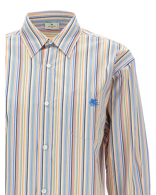 Etro White Oversized Multicolor Shirt With Stripe Motif And Pegasus Embroidery In Cotton Woman