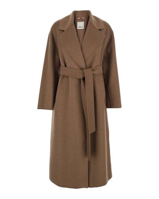 Max Mara Brown 'Hobby' Coat With Wide Classic Lapels And Belt Closur