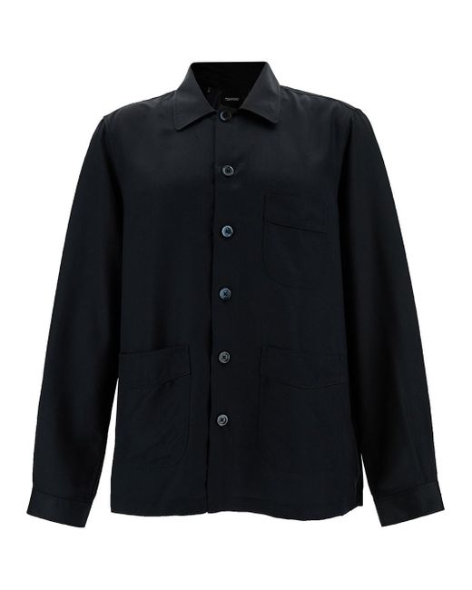 Tom Ford Blue Black Shirt With Patch Pockets In Silk Man for men