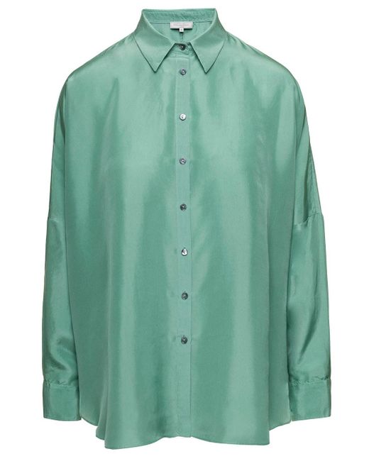 Antonelli Green 'cocco' Loose Long-sleeved Shirt With Classic Collar In Silk Woman