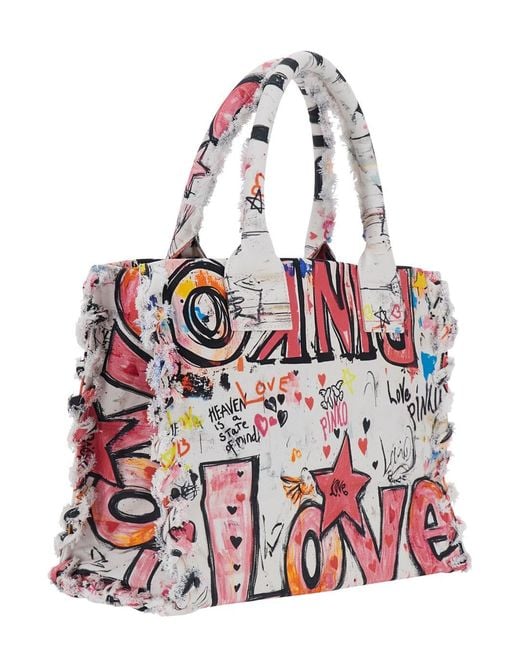 Pinko Red Tote Bag Beach Shopper Canvas Stampa