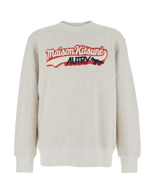 Autry White Crewneck Sweatshirt With Print On The Front And Ribbed Trim for men