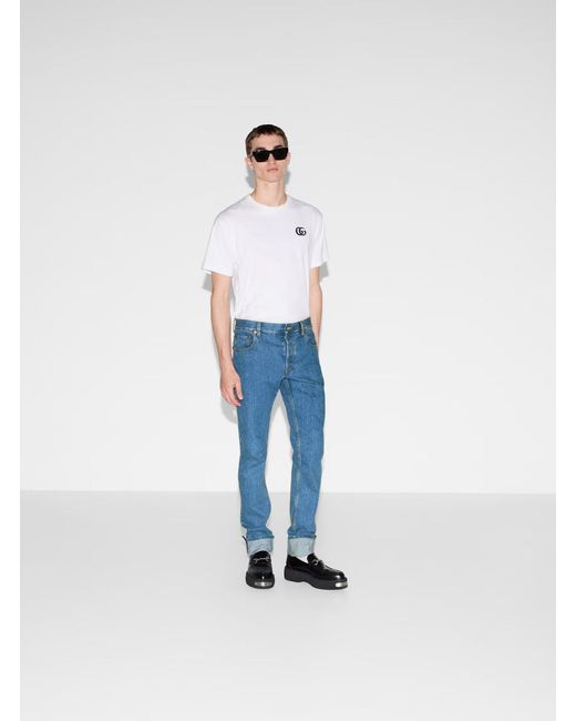 Gucci Blue Jeans With Logo Patch On The Rear And Web Turn-Up Hem for men