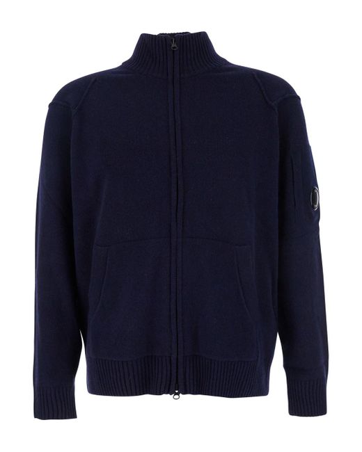 C P Company Blue Jacket With High Neck And Logo Plaque On The Sleeve for men