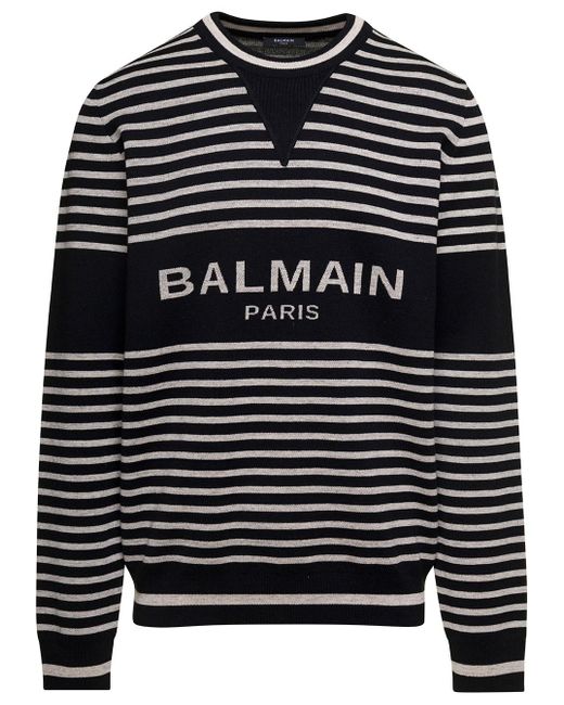 Balmain Blue White And Striped Crewneck Sweatshirt With Front Logo Print In Wool And Linen Blend Man for men