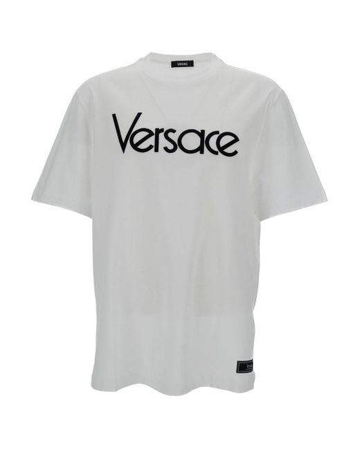 Versace Gray Crewneck T-Shirt With Logo Lettering Print for men