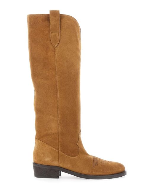 Via Roma 15 Brown Boots With Almond Toe And Low Block Heel