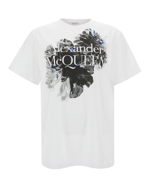 Alexander McQueen White Crewneck T-Shirt With Graphic And Logo Print I for men