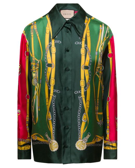 Gucci Green Shirt With Harness And Double G Print In Silk