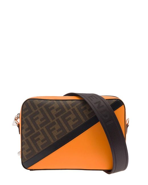 Fendi Black Brown And Orange Shoulder Bag With Jacquard Ff Motif In Cotton Blend for men