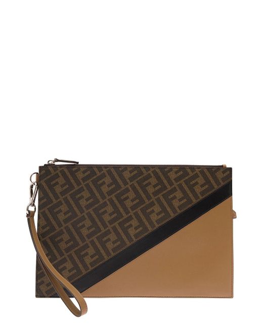 Fendi Brown Flat Pouch With Ff Motif And Leather Insert Man for men