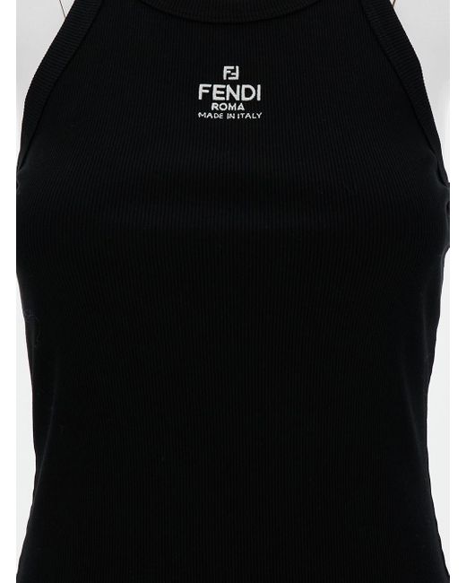 Fendi Black Mini Ribbed Dress With Logo Embroidery In Cotton
