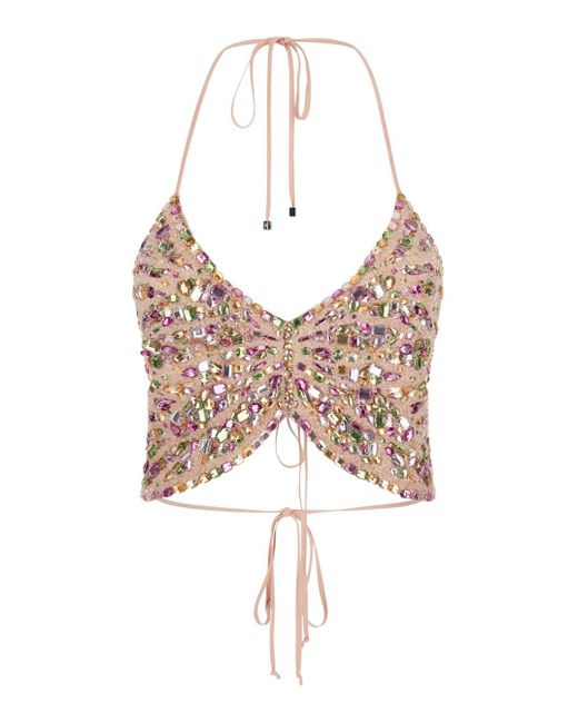 Blumarine Pink Butterfly Cropped Top With Rhinestones