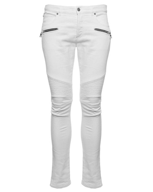 Balmain White Man's Slim Fit Denim Jeans With Zip for men