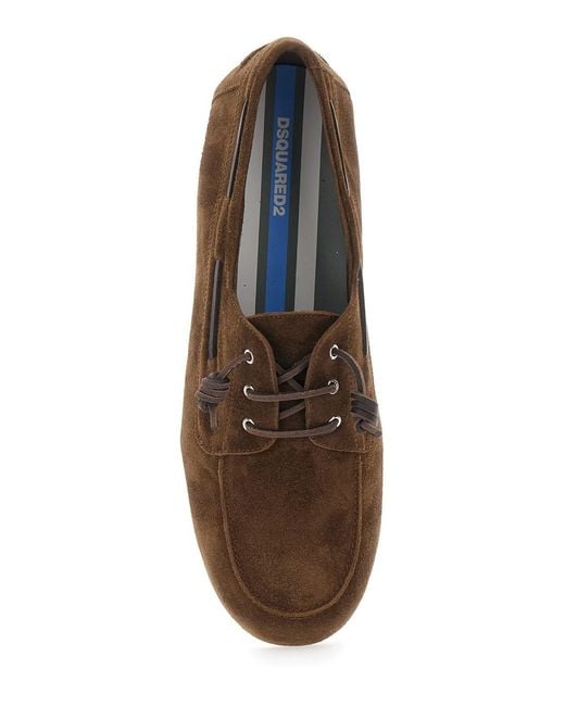 DSquared² Brown Boat Loafers With Side Lettering Logo In Suede Man for men