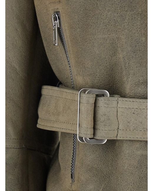 Rick Owens Green High-Neck Cropped Shearling Jacket With Off-Center Zip