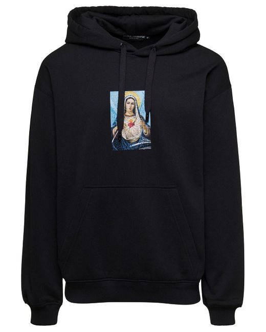 Dolce & Gabbana Black Hoodie With Print And Fusible Rhinestone In Cotton Man for men
