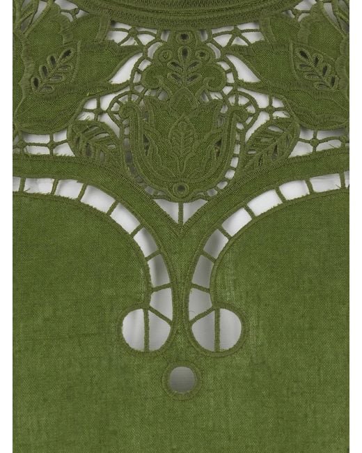 Farm Rio Green 'Majestic Garden' Cropped Crewneck Blouse With Floral Cut-Out And All-Over Embroidery