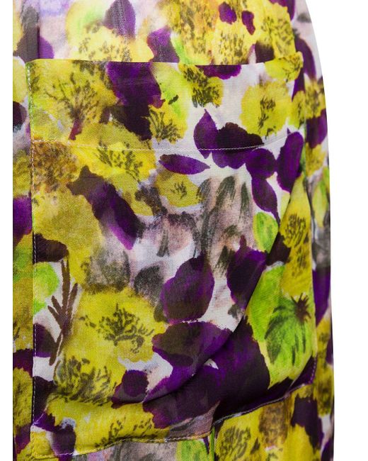 Dries Van Noten Yellow Multicolor Wide Leg Pants With Floral Print All-over In Viscose Woman