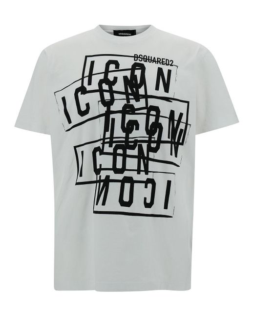 DSquared² Gray Crewneck T-Shirt With All-Over Icon Print for men
