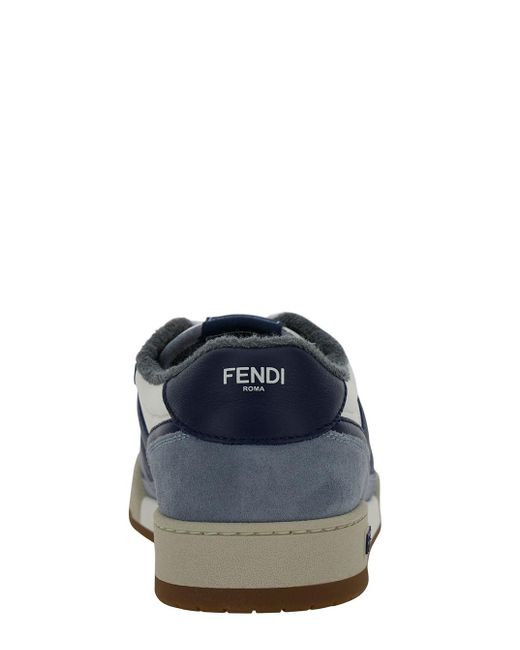Fendi 'match' Blue And Light Blue Color-block Low-top Sneakers In Suede for men