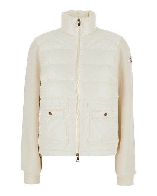 Moncler White High-Neck Cardigan With Logo Patch On The Sleeve And Padded And Quilted Design On The Front