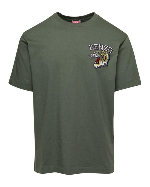 KENZO Green Crewneck T-shirt With Tiger Embroidery In Cotton Man for men