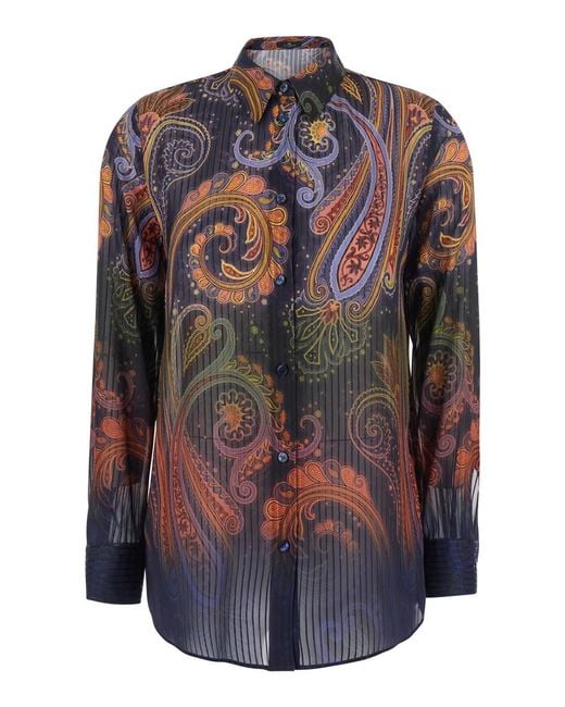 Etro Blue Shirt With Classic Collar And Paisley Motif All-Over I