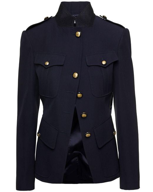Alexander McQueen Blue Single-breasted Jacket With Jewel Buttons In Wool And Cotton Woman