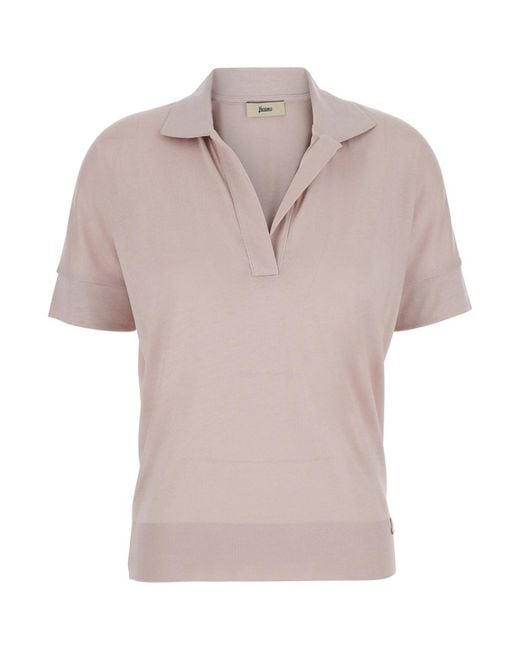 Herno Pink Polo 'Lyocell Cotton' With Ribbed Collar And Short Sleeves