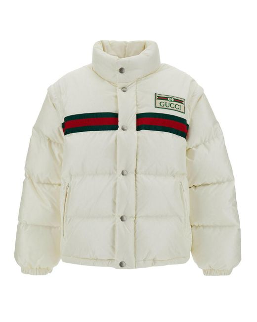 Gucci White High Neck Down Jacket With Web Detail And Logo Patch