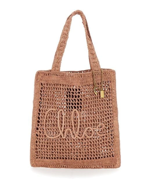 Borsa Shopping 'Summer Banana' Con Ricamo Logo Lettering Sul Fro di Chloé in Brown