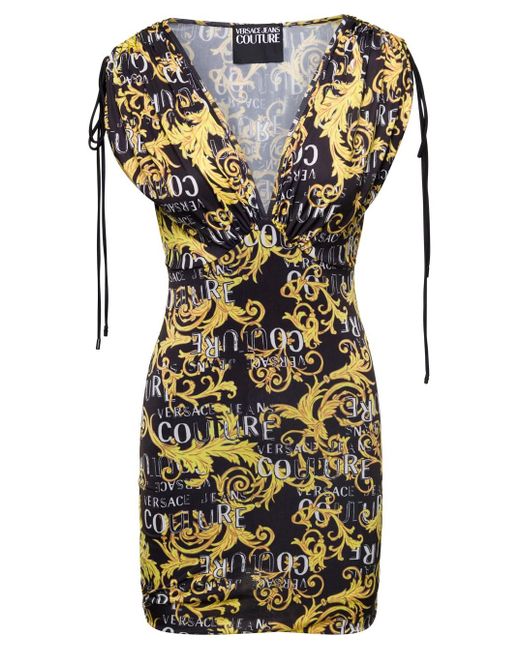 Versace Black V Neck Mini Dress With All-Over Couture Logo Print