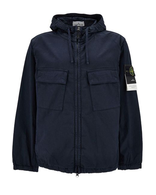 Stone Island Blue Hooded Jacket With Logo Patch for men