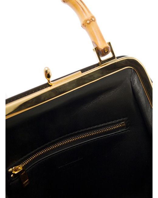 Jil Sander Black Goji Square Leather Handbag With Bamboo Handle Woman