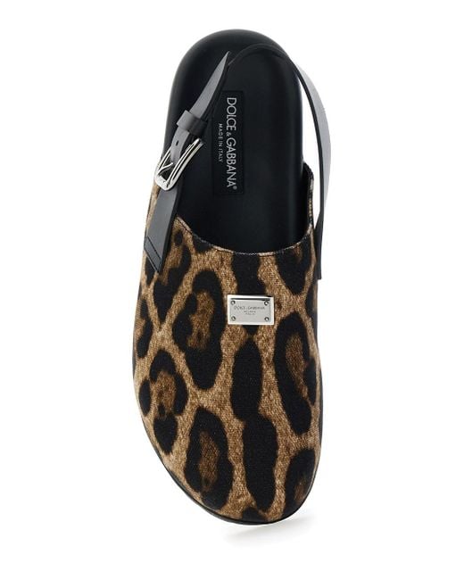 Mule Con Placca Logo Sul Fronte Motivo Animalier di Dolce & Gabbana in Black da Uomo