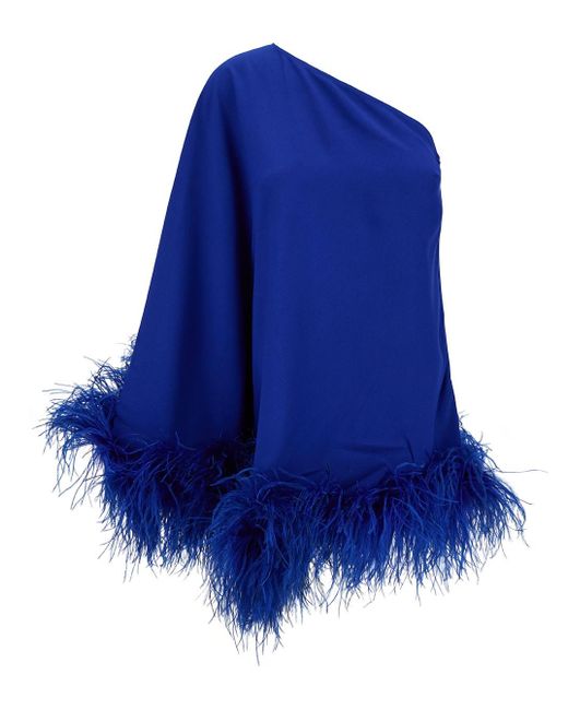 ‎Taller Marmo Blue 'Ubud' Mini One-Shoulder Dress With Feather Trim