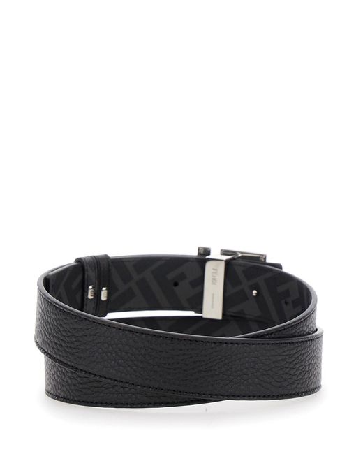 Fendi Black Belt With Metallic Ff Logo Plate On The Front And Ff Interior Motif for men
