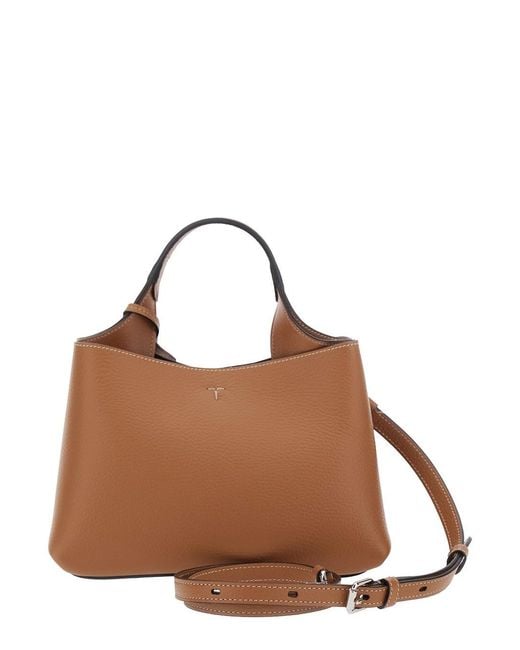 Tod's Brown Handbag With Adjustable And Removable Shoulder Strap And T Plaque Pendant On The Front