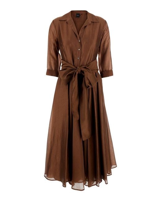 Le Plain Brown Long Dress With Adjustable Waist Belt And Cuban Collar I