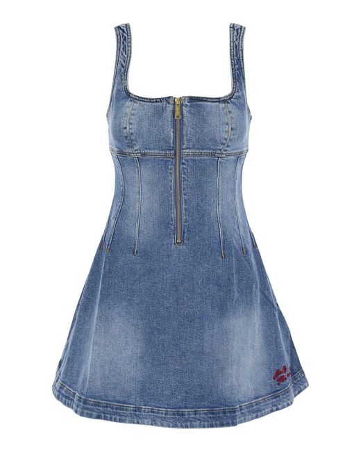 Self-Portrait Blue Dress With Zip Closure On The Front And Embroidered Logo