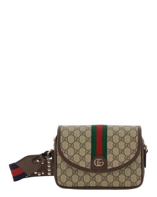 Gucci Green 'small Ophidia gg' And Ebony Crossbody Bag With Web Detail In gg Supreme Canvas