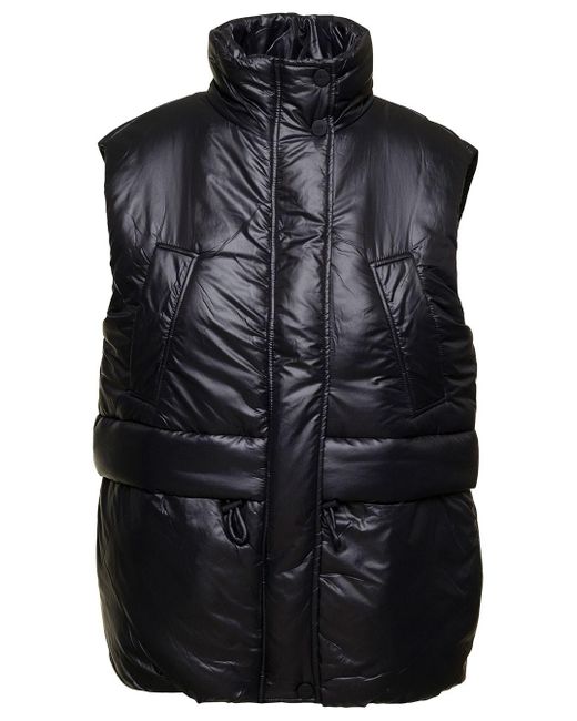 Ganni Black Down Vest With High-neck And Drawstring In Recycled Nylon
