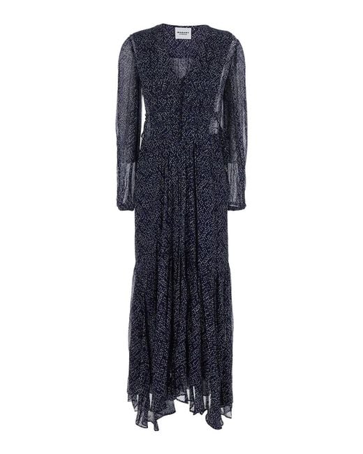 Isabel Marant Blue 'Briane' Midi Dress With V Neck And All-Over Polka Dot Motif